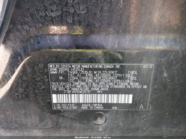 Aukcja sprzedaży 2012 Toyota Rav4, vin: 2T3BF4DV5CW235787, numer aukcji: 46344185
