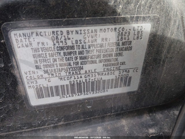 46344186 :رقم المزاد ، 3N1AB7AP5GY332084 vin ، 2016 Nissan Sentra S مزاد بيع