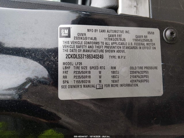 Auction sale of the 2008 Pontiac Torrent Gxp, vin: 2CKDL537186340249, lot number: 46344187