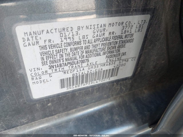 Продаж на аукціоні авто 2013 Nissan Sentra Sv, vin: 3N1AB7AP5DL670075, номер лоту: 46344196