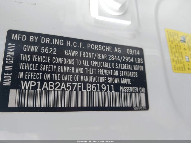 46344198 :رقم المزاد ، WP1AB2A57FLB61911 vin ، 2015 Porsche Macan S مزاد بيع