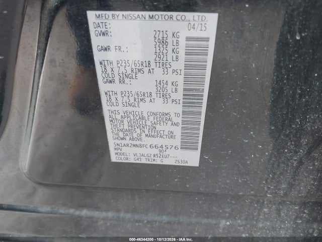 Aukcja sprzedaży 2015 Nissan Pathfinder Sl, vin: 5N1AR2MN8FC664576, numer aukcji: 46344200