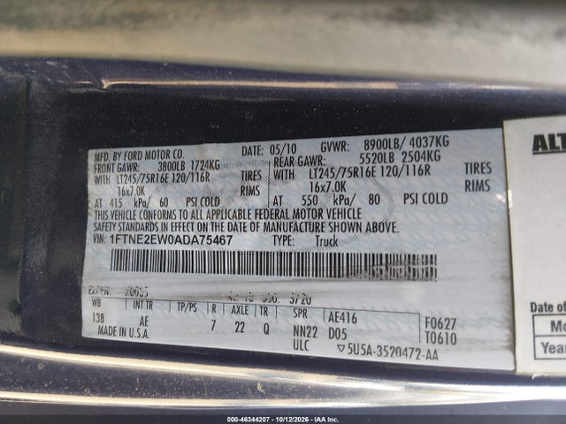 46344207 :رقم المزاد ، 1FTNE2EW0ADA75467 vin ، 2010 Ford E-250 Commercial/recreational مزاد بيع