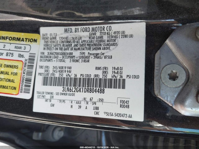Продажа на аукционе авто 2013 Lincoln Mkz, vin: 3LN6L2GK1DR804488, номер лота: 46344215