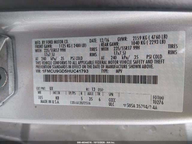 46344216 :رقم المزاد ، 1FMCU9GD5HUC41793 vin ، 2017 Ford Escape Se مزاد بيع