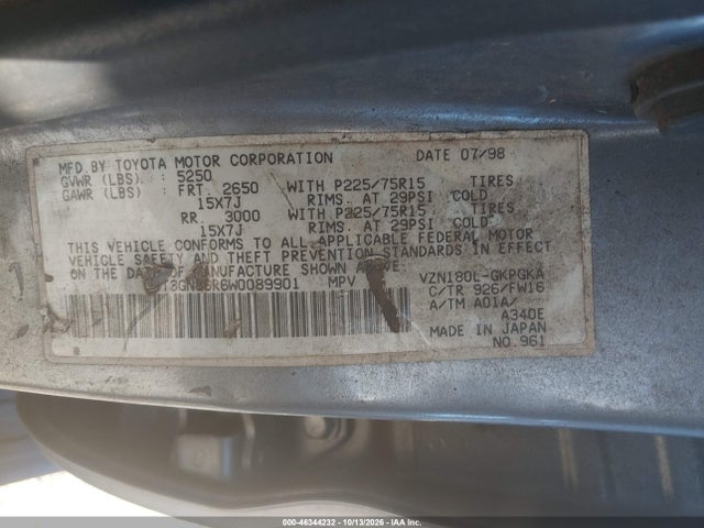 46344232 :رقم المزاد ، JT3GN86R6W0089901 vin ، 1998 Toyota 4runner Sr5 V6 مزاد بيع