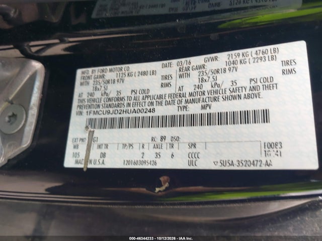 46344233 :رقم المزاد ، 1FMCU9JD2HUA00248 vin ، 2017 Ford Escape Titanium مزاد بيع