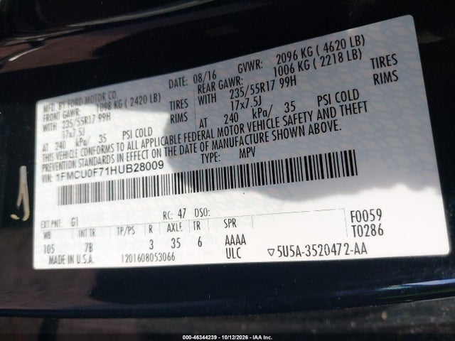 Aukcja sprzedaży 2017 Ford Escape S, vin: 1FMCU0F71HUB28009, numer aukcji: 46344239