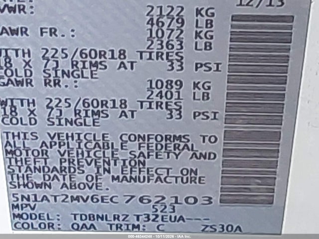 Продажа на аукционе авто 2014 Nissan Rogue Sl, vin: 5N1AT2MV6EC762103, номер лота: 46344248