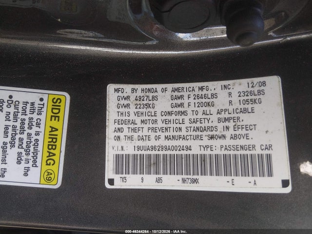 46344264 :رقم المزاد ، 19UUA96299A002494 vin ، 2009 Acura Tl 3.7 مزاد بيع