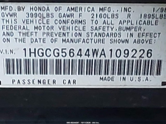 46344267 :رقم المزاد ، 1HGCG5644WA109226 vin ، 1998 Honda Accord Lx مزاد بيع
