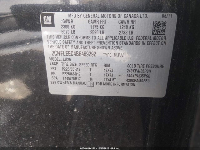 Aukcja sprzedaży 2011 Chevrolet Equinox 1lt, vin: 2CNFLEEC4B6469292, numer aukcji: 46344268