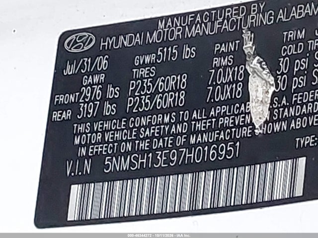 46344272 :رقم المزاد ، 5NMSH13E97H016951 vin ، 2007 Hyundai Santa Fe Limited/se مزاد بيع