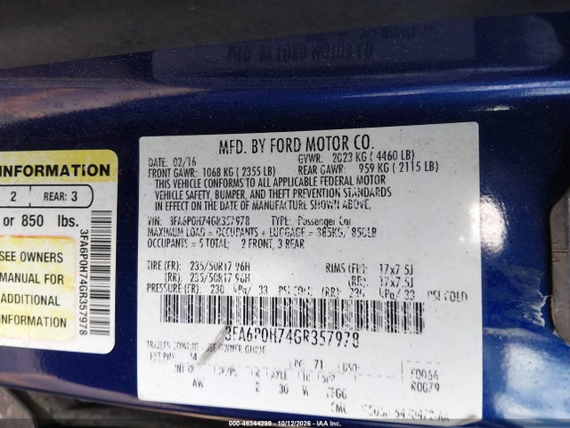 Ford FUSION SE 2016 3FA6P0H74GR357978 Image 9