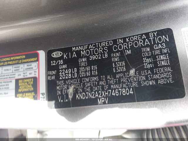 2017 Kia Soul მანქანა იყიდება აუქციონზე, vin: KNDJN2A2XH7467804, აუქციონის ნომერი: 46344301