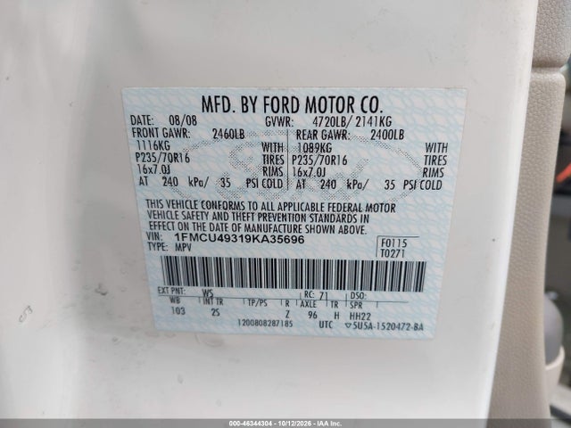 46344304 :رقم المزاد ، 1FMCU49319KA35696 vin ، 2009 Ford Escape Hybrid Limited مزاد بيع