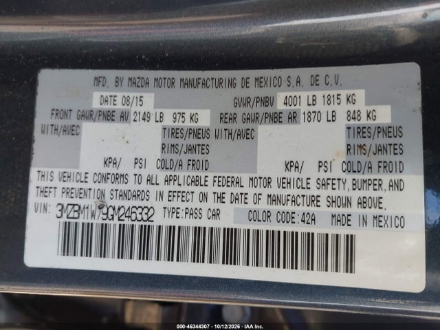 Продажа на аукционе авто 2016 Mazda Mazda3 I Touring, vin: 3MZBM1W79GM246332, номер лота: 46344307