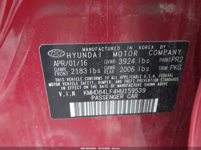 2017 Hyundai Elantra Se მანქანა იყიდება აუქციონზე, vin: KMHD84LF4HU159539, აუქციონის ნომერი: 46344309
