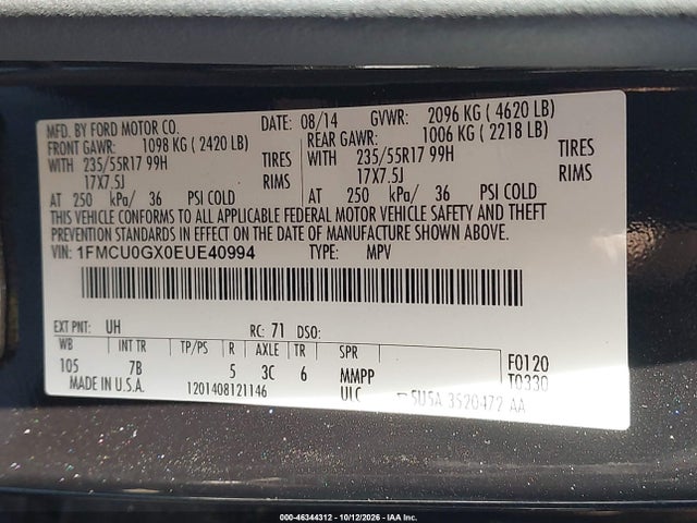 46344312 :رقم المزاد ، 1FMCU0GX0EUE40994 vin ، 2014 Ford Escape Se مزاد بيع