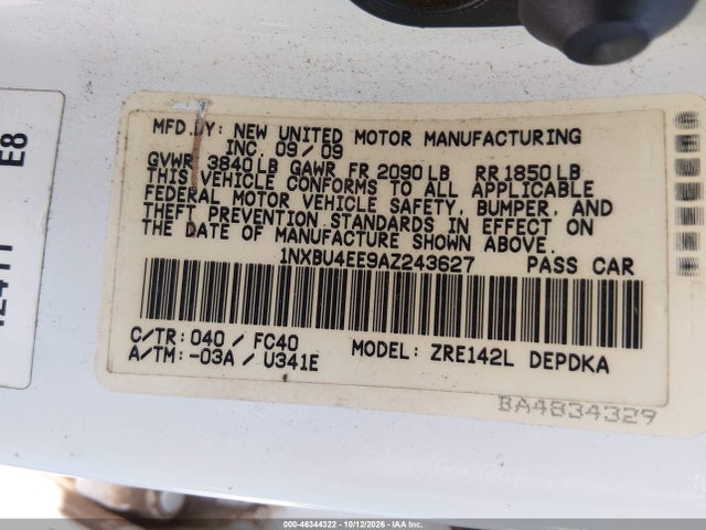 Aukcja sprzedaży 2010 Toyota Corolla Le, vin: 1NXBU4EE9AZ243627, numer aukcji: 46344322