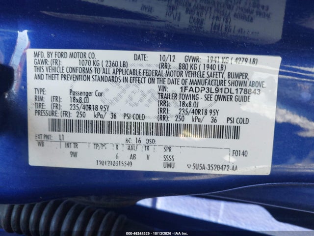 2013 Ford Focus St მანქანა იყიდება აუქციონზე, vin: 1FADP3L91DL178843, აუქციონის ნომერი: 46344329