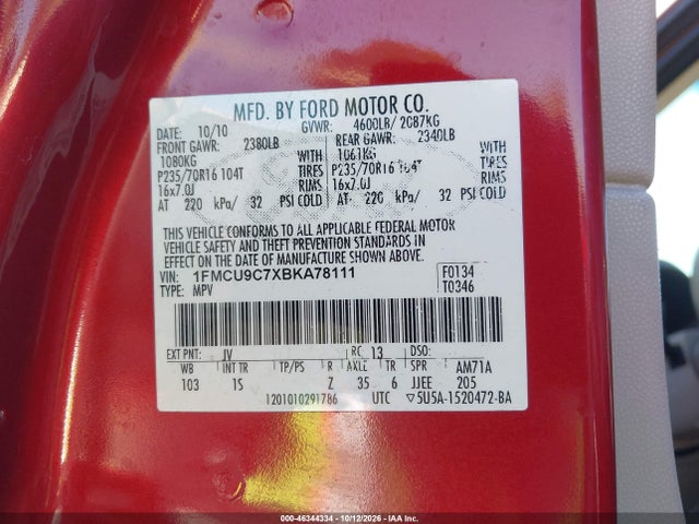 2011 Ford Escape Xls მანქანა იყიდება აუქციონზე, vin: 1FMCU9C7XBKA78111, აუქციონის ნომერი: 46344334
