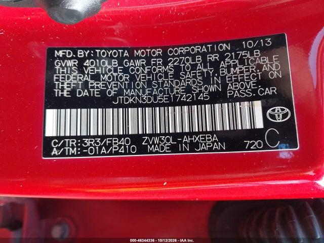 Aukcja sprzedaży 2014 Toyota Prius Two, vin: JTDKN3DU5E1742145, numer aukcji: 46344336