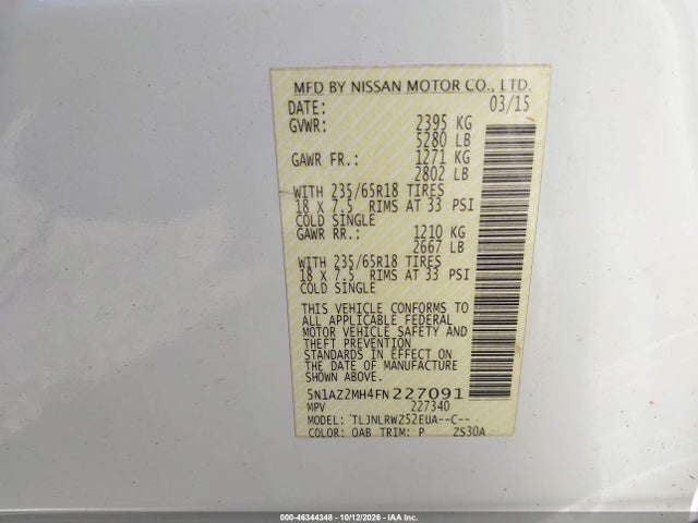 Auction sale of the 2015 Nissan Murano Sl, vin: 5N1AZ2MH4FN227091, lot number: 46344348