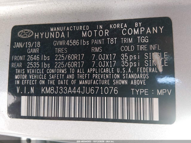 Aukcja sprzedaży 2018 Hyundai Tucson Sel, vin: KM8J33A44JU671076, numer aukcji: 46344383