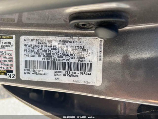 46344386 :رقم المزاد ، 2T1BR32E84C221995 vin ، 2004 Toyota Corolla S مزاد بيع