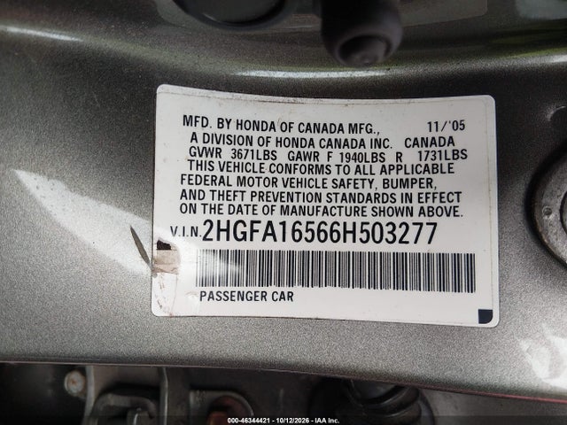 Продажа на аукционе авто 2006 Honda Civic Lx, vin: 2HGFA16566H503277, номер лота: 46344421