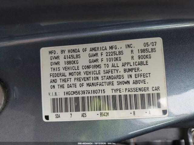 2007 Honda Accord 2.4 Se მანქანა იყიდება აუქციონზე, vin: 1HGCM56397A180715, აუქციონის ნომერი: 46344424