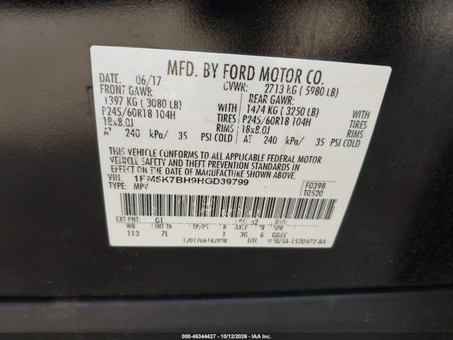 2017 Ford Explorer მანქანა იყიდება აუქციონზე, vin: 1FM5K7BH9HGD39799, აუქციონის ნომერი: 46344427