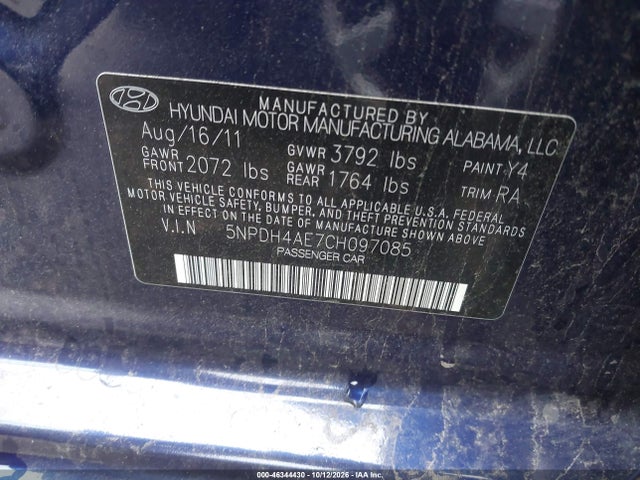 46344430 :رقم المزاد ، 5NPDH4AE7CH097085 vin ، 2012 Hyundai Elantra Gls مزاد بيع