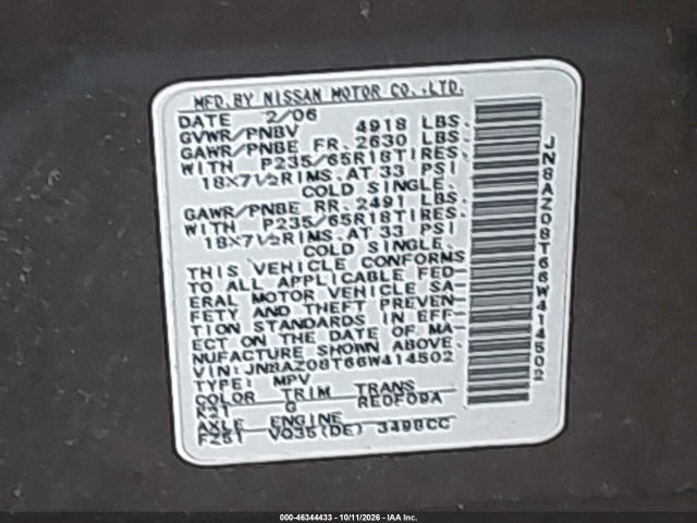 Продажа на аукционе авто 2006 Nissan Murano Sl, vin: JN8AZ08T66W414502, номер лота: 46344433