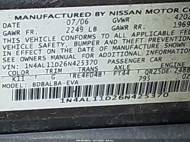 Продаж на аукціоні авто 2006 Nissan Altima 2.5 S, vin: 1N4AL11D26N425370, номер лоту: 46344434