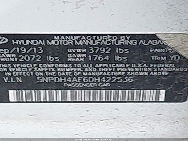 46344436 :رقم المزاد ، 5NPDH4AE6DH422536 vin ، 2013 Hyundai Elantra Gls مزاد بيع