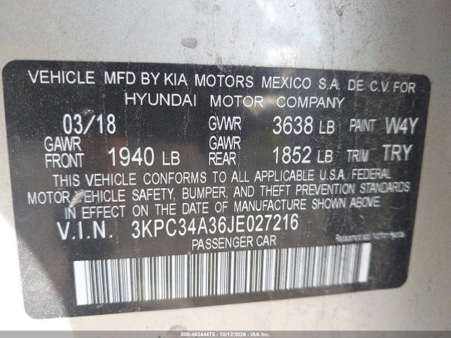 Aukcja sprzedaży 2018 Hyundai Accent Limited, vin: 3KPC34A36JE027216, numer aukcji: 46344475