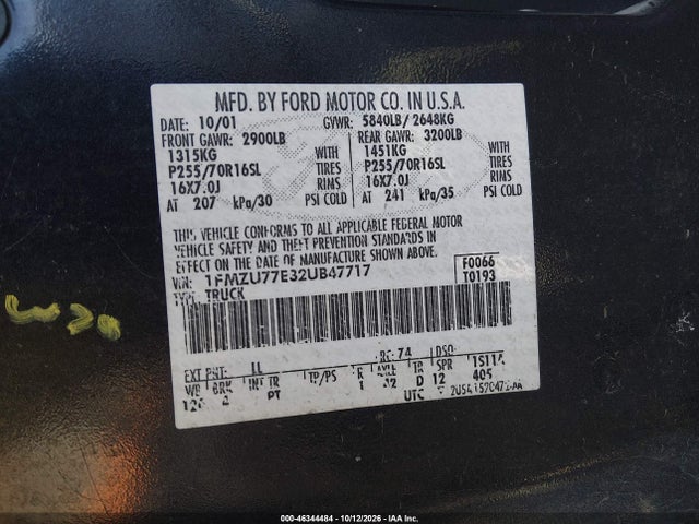 46344484 :رقم المزاد ، 1FMZU77E32UB47717 vin ، 2002 Ford Explorer Sport Trac مزاد بيع