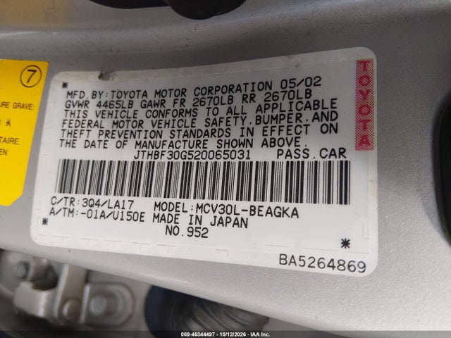 Aukcja sprzedaży 2002 Lexus Es 300, vin: JTHBF30G520065031, numer aukcji: 46344497