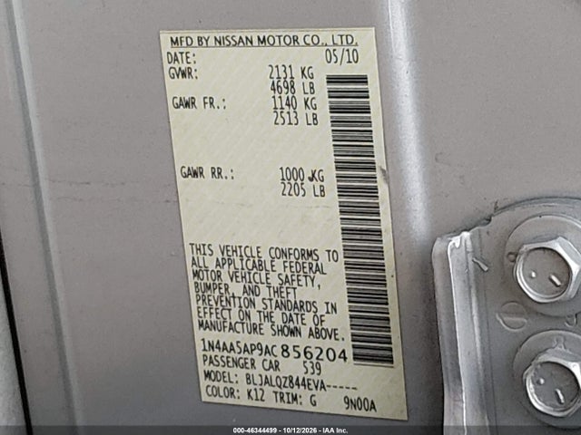 2010 Nissan Maxima 3.5 S მანქანა იყიდება აუქციონზე, vin: 1N4AA5AP9AC856204, აუქციონის ნომერი: 46344499