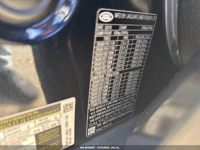 46344507 :رقم المزاد ، SALYA2EX2KA217265 vin ، 2019 Land Rover Range Rover Velar P250 مزاد بيع