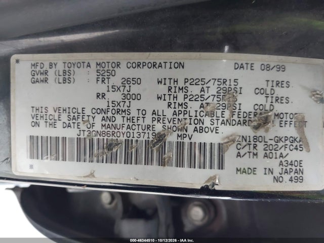 Aukcja sprzedaży 2000 Toyota 4runner Sr5 V6, vin: JT3GN86R0Y0137198, numer aukcji: 46344510