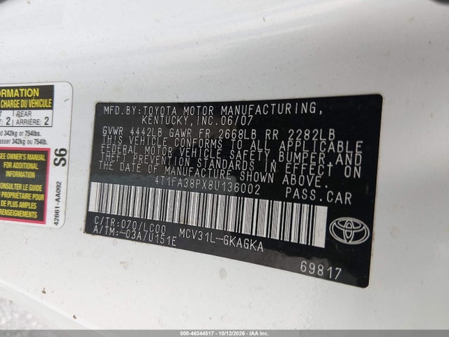 Продаж на аукціоні авто 2008 Toyota Camry Solara Sle, vin: 4T1FA38PX8U136002, номер лоту: 46344517