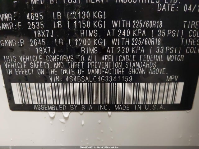 Продаж на аукціоні авто 2016 Subaru Outback 2.5i Limited, vin: 4S4BSALC4G3341159, номер лоту: 46344521