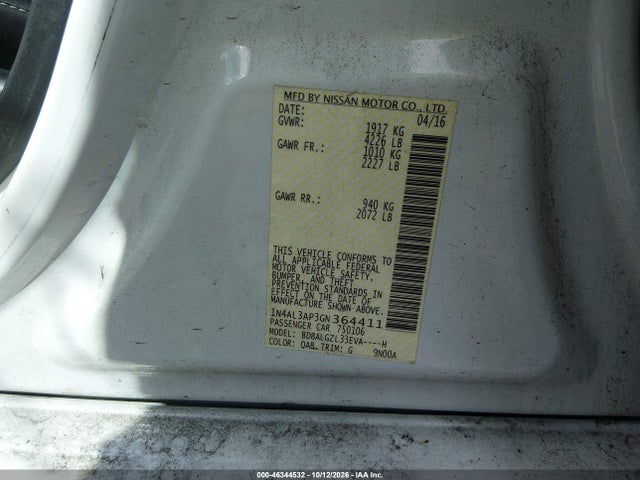 Продаж на аукціоні авто 2016 Nissan Altima 2.5 S, vin: 1N4AL3AP3GN364411, номер лоту: 46344532