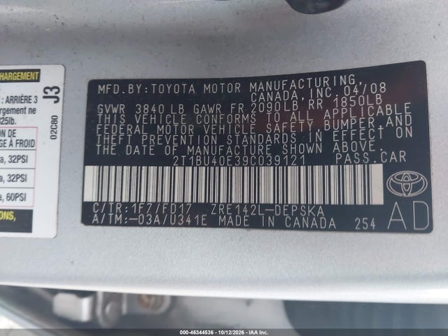 Продажа на аукционе авто 2009 Toyota Corolla S, vin: 2T1BU40E39C039121, номер лота: 46344536