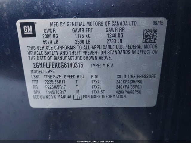 46344540 :رقم المزاد ، 2GNFLFEK0G6140315 vin ، 2016 Chevrolet Equinox Lt مزاد بيع