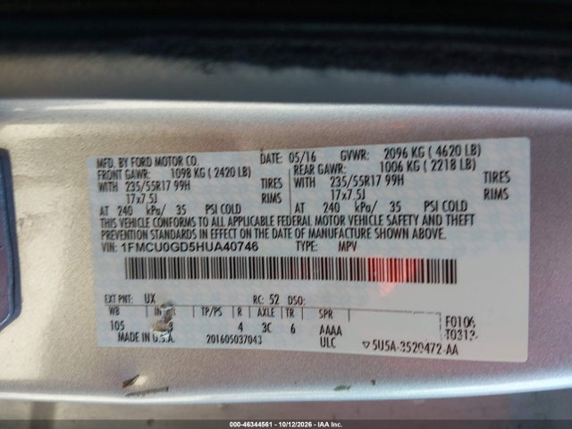 Продаж на аукціоні авто 2017 Ford Escape Se, vin: 1FMCU0GD5HUA40746, номер лоту: 46344561