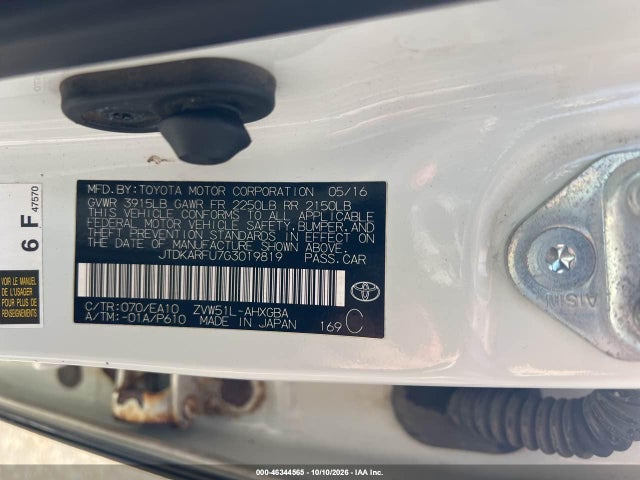 Aukcja sprzedaży 2016 Toyota Prius Four, vin: JTDKARFU7G3019819, numer aukcji: 46344565